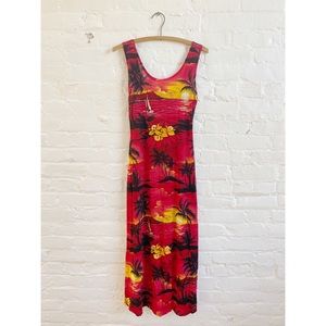Vintage 90s Y2K Red Hawaiian Slinky Stretch Maxi Dress